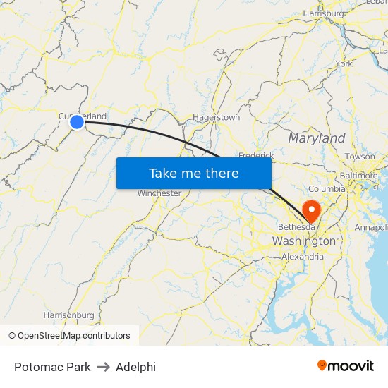 Potomac Park to Adelphi map