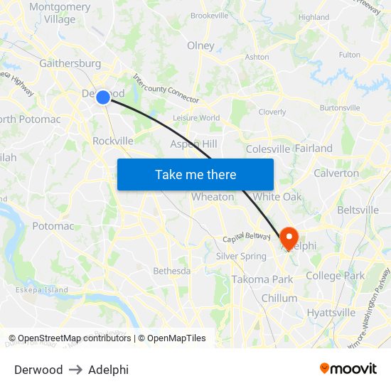 Derwood to Adelphi map