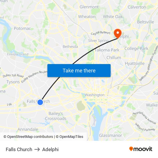 Falls Church to Adelphi map