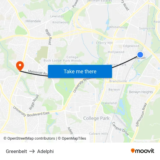 Greenbelt to Adelphi map