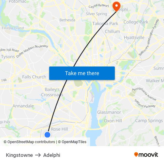 Kingstowne to Adelphi map