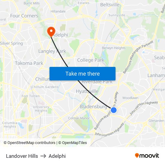 Landover Hills to Adelphi map