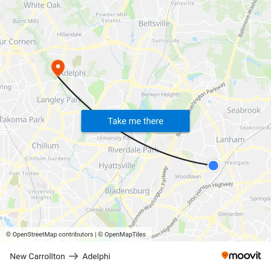 New Carrollton to Adelphi map