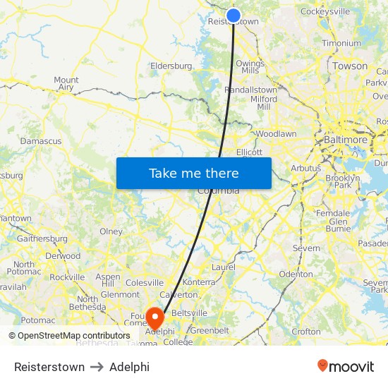 Reisterstown to Adelphi map