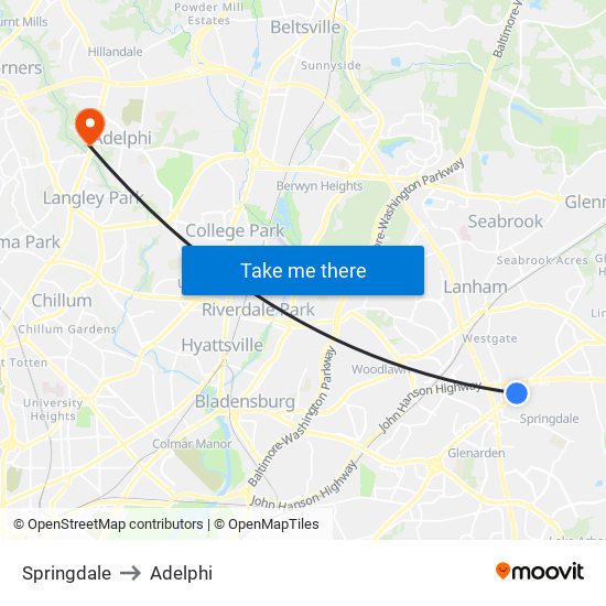 Springdale to Adelphi map