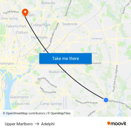 Upper Marlboro to Adelphi map