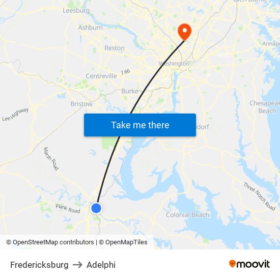 Fredericksburg to Adelphi map