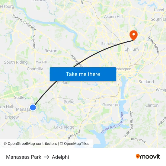 Manassas Park to Adelphi map