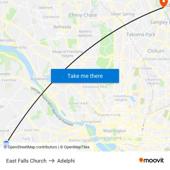 East Falls Church to Adelphi map