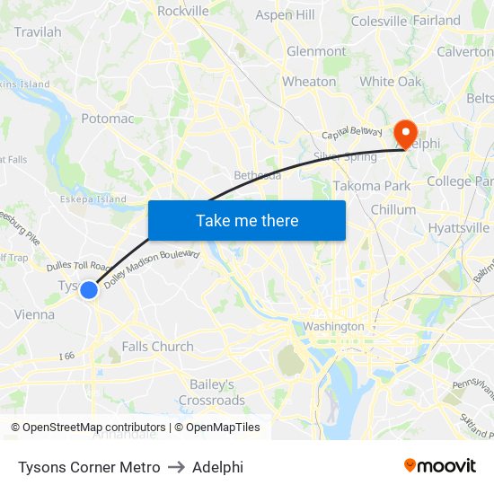 Tysons Corner Metro to Adelphi map