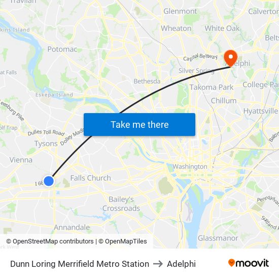 Dunn Loring Merrifield Metro Station to Adelphi map