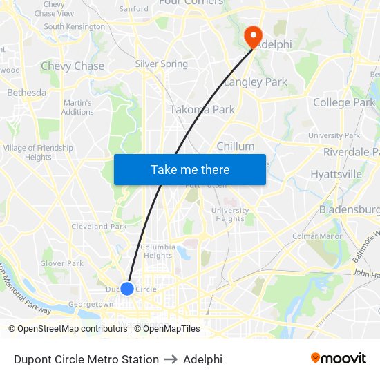 Dupont Circle Metro Station to Adelphi map