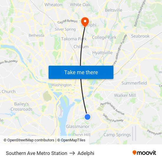 Southern Ave Metro Station to Adelphi map