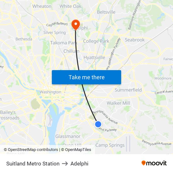 Suitland Metro Station to Adelphi map