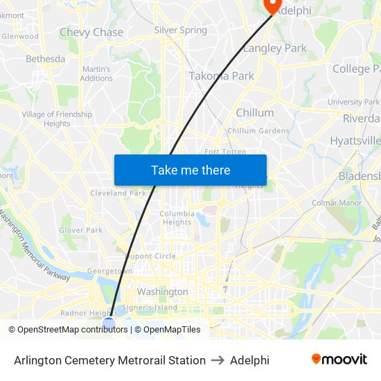 Arlington Cemetery  Metrorail Station to Adelphi map
