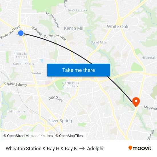 Wheaton Station  & Bay H & Bay K to Adelphi map
