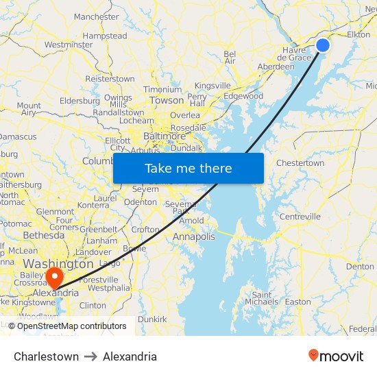 Charlestown to Alexandria map