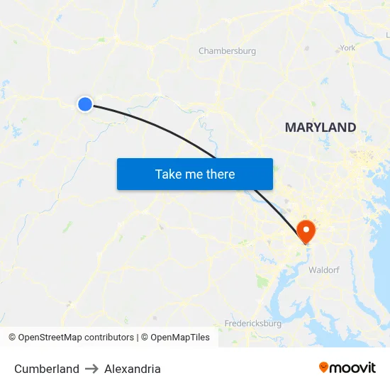 Cumberland to Alexandria map