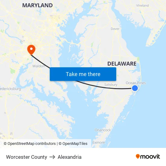 Worcester County to Alexandria map