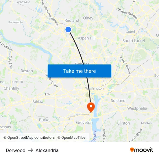 Derwood to Alexandria map