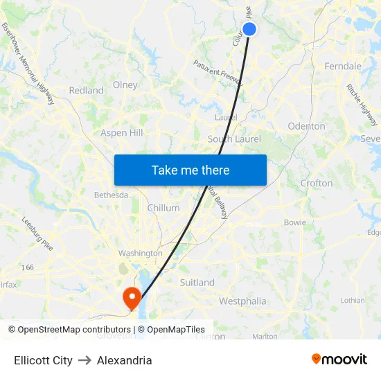 Ellicott City to Alexandria map