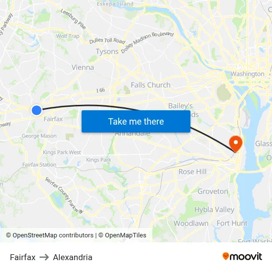 Fairfax to Alexandria map