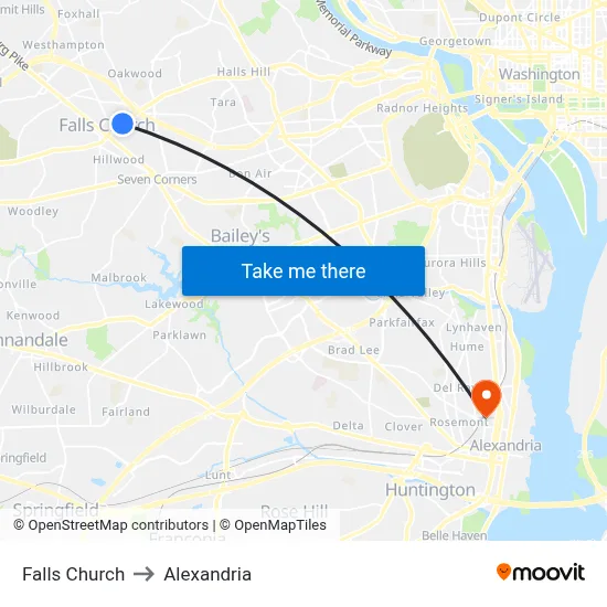 Falls Church to Alexandria map