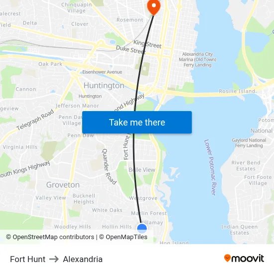 Fort Hunt to Alexandria map