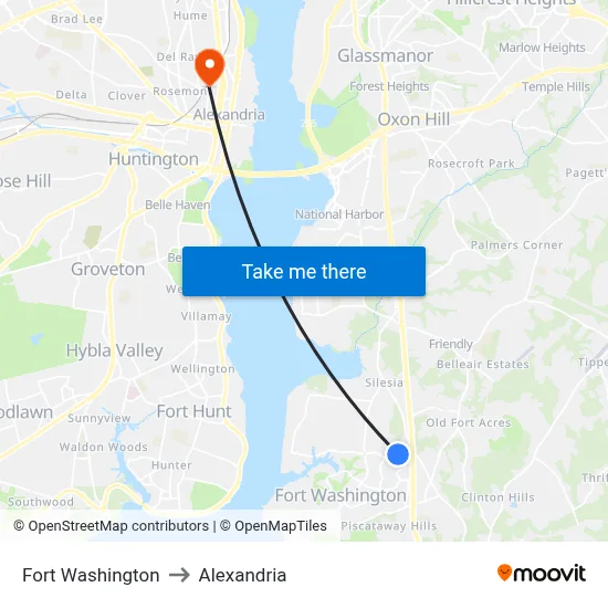 Fort Washington to Alexandria map
