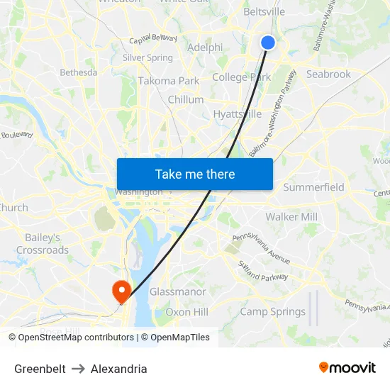Greenbelt to Alexandria map
