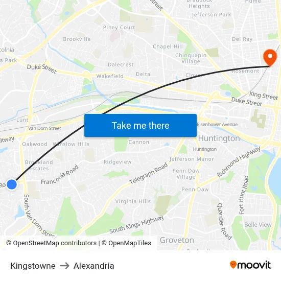 Kingstowne to Alexandria map