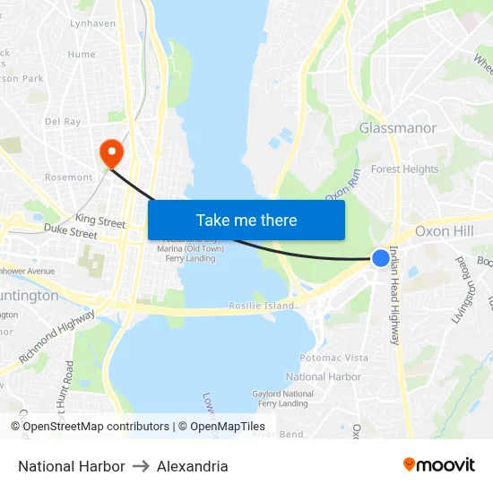 National Harbor to Alexandria map