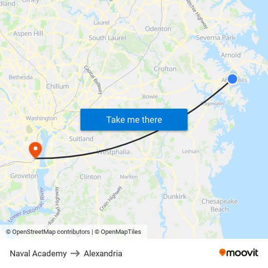 Naval Academy to Alexandria map