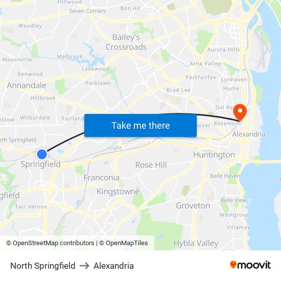 North Springfield to Alexandria map