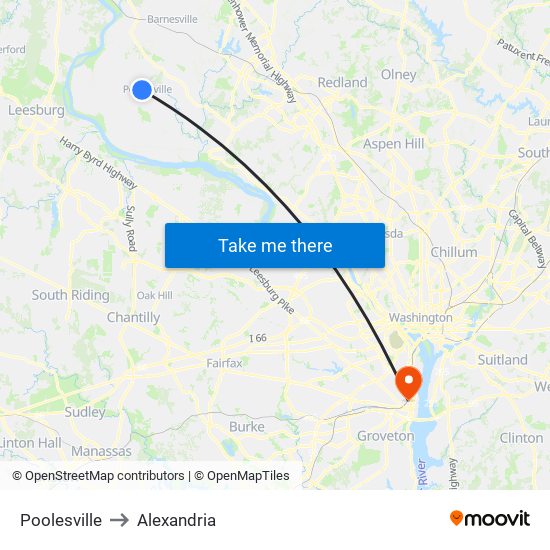 Poolesville to Alexandria map