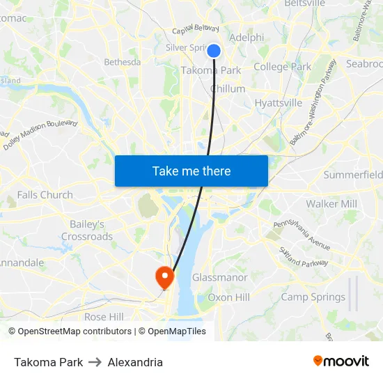 Takoma Park to Alexandria map