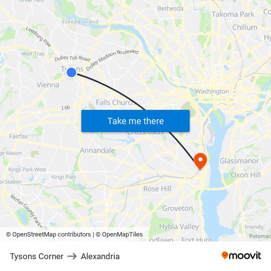 Tysons Corner to Alexandria map