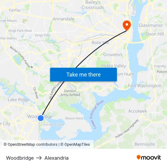 Woodbridge to Alexandria map