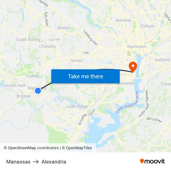 Manassas to Alexandria map