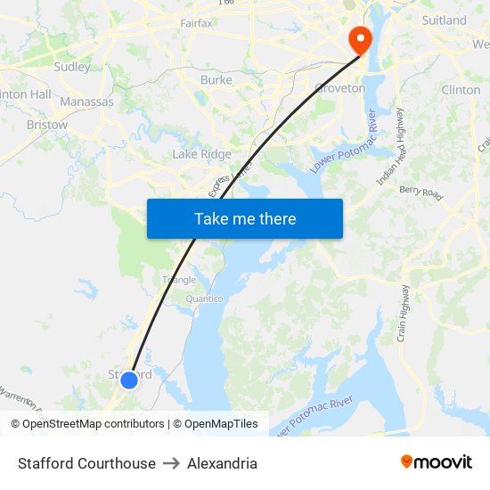 Stafford Courthouse to Alexandria map