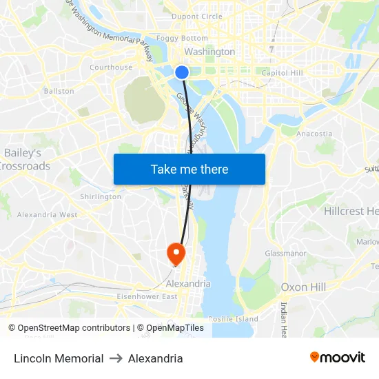 Lincoln Memorial to Alexandria map