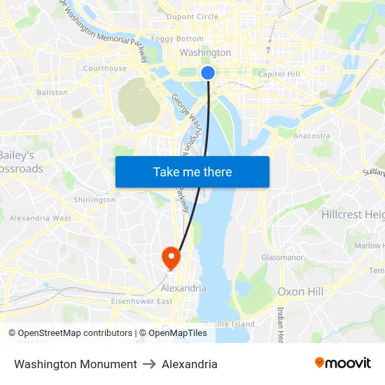 Washington Monument to Alexandria map