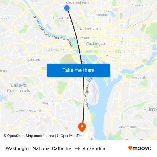 Washington National Cathedral to Alexandria map