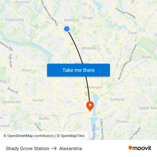 Shady Grove Station to Alexandria map