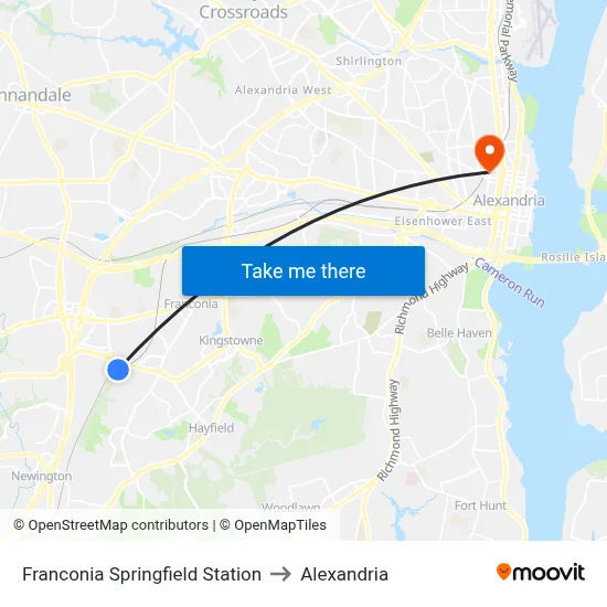 Franconia Springfield Station to Alexandria map