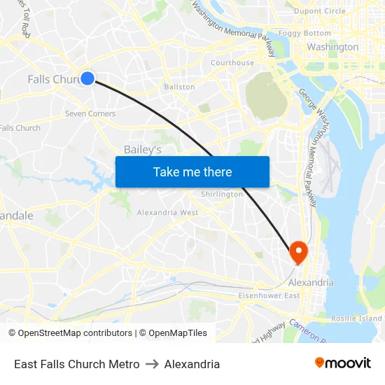 East Falls Church Metro to Alexandria map