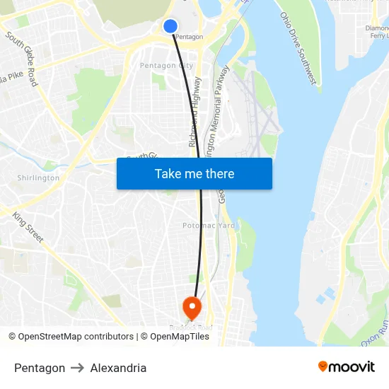 Pentagon to Alexandria map