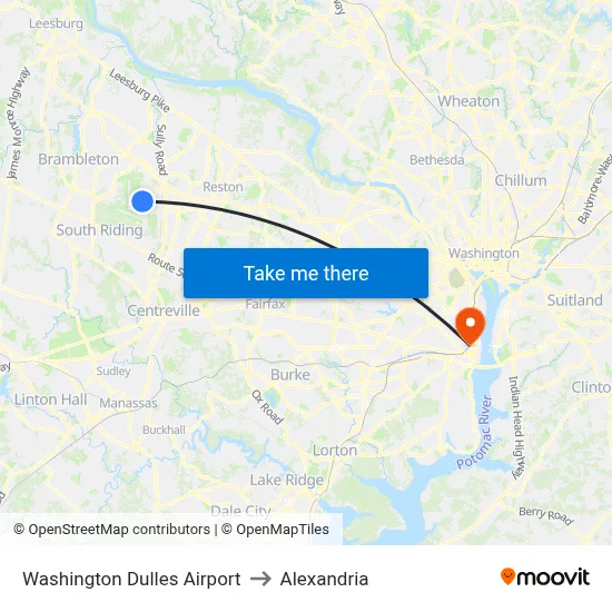 Washington Dulles Airport to Alexandria map