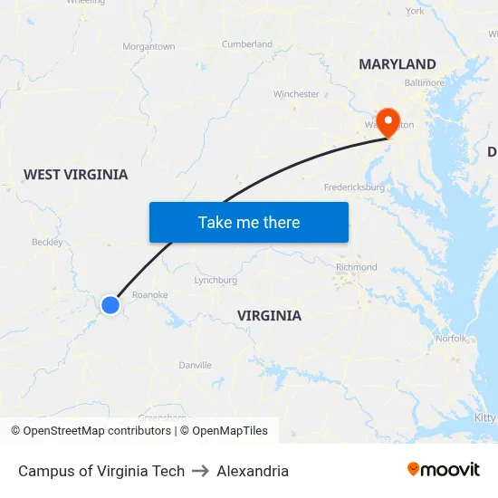 Campus of Virginia Tech to Alexandria map