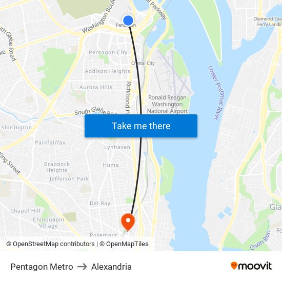 Pentagon Metro to Alexandria map